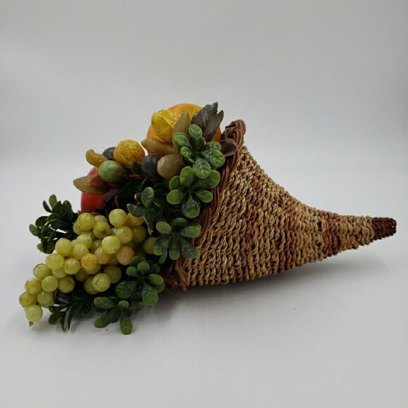 Vtg Cornucopia Basket FALL Centerpiece Horn of Plenty Fruit Nuts Thanksgiving - Picture 3 of 16